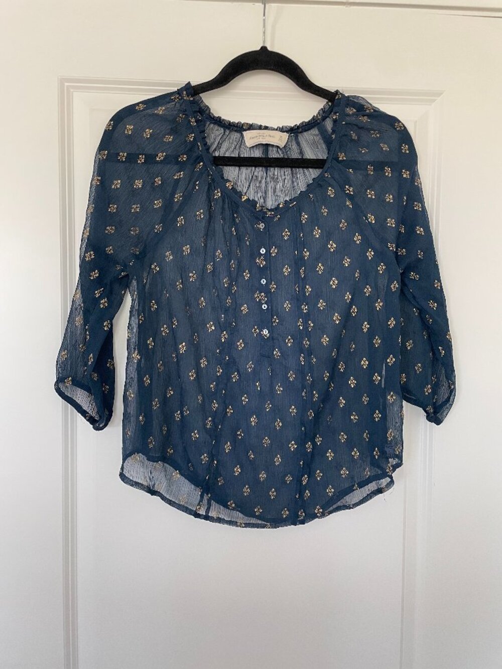 Abercrombie & Fitch Navy Sheer Blouse XS Gold Geometric Diamond Print